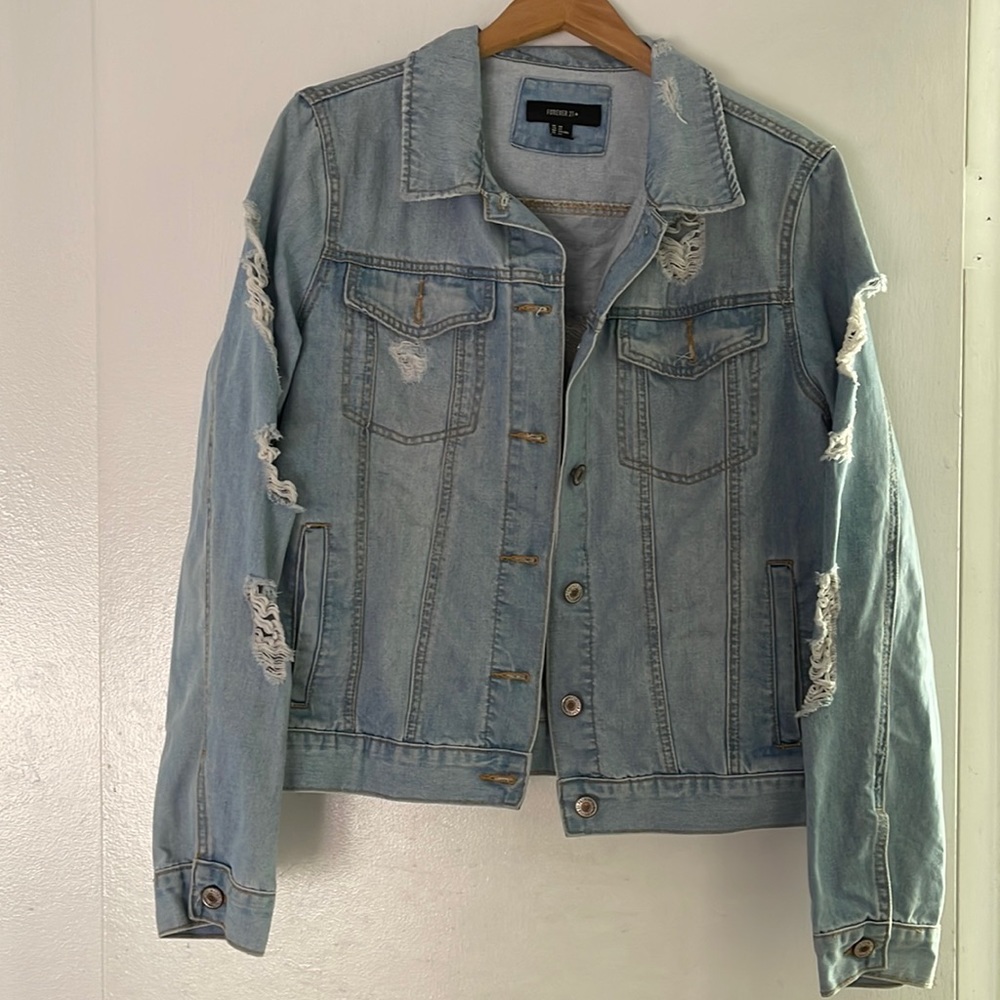 Forever 21 Distressed Jean Jacket (Size 2X)